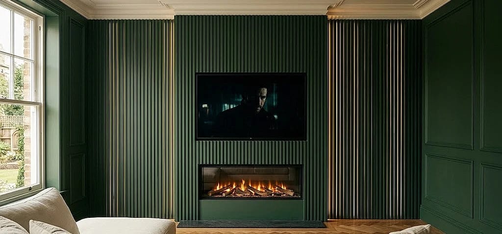 A modern living room with a deep green fluted wall, a centered TV, and an electric fireplace.