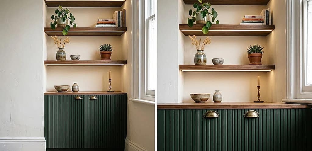 Image ke saare zaroori elements ko cover karta hai (fluted cabinets, gold handles, floating shelves, LED lighting, Pilea plant, books, ceramics).