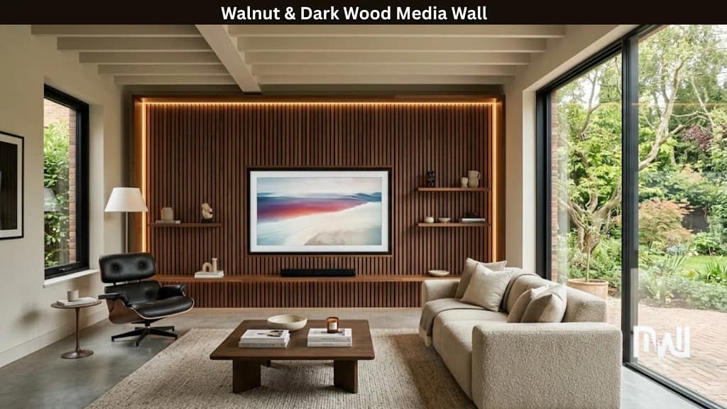 1-Modern walnut slatted media wall design with integrated warm LED lighting in a contemporary UK living room.