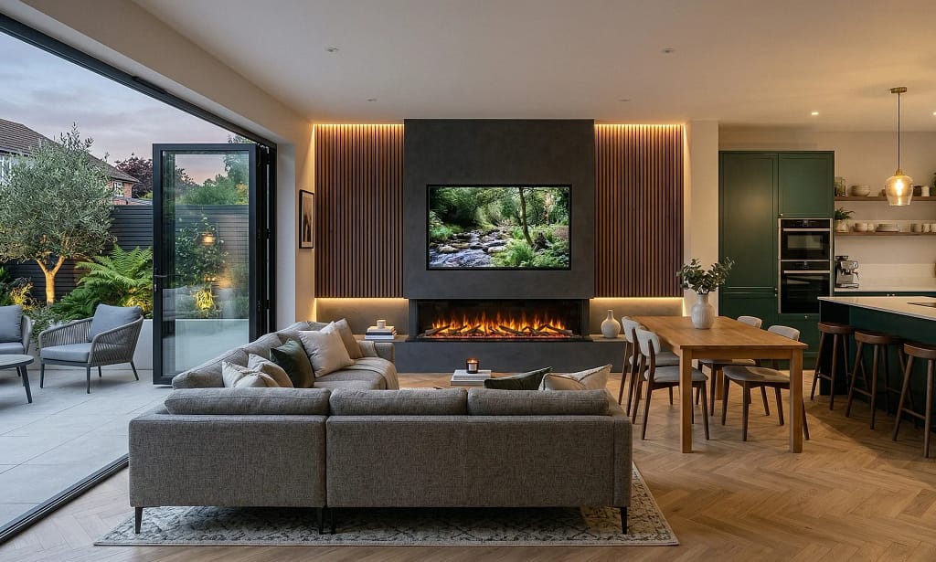 Modern open plan media wall in a UK kitchen-diner-living room with TV, electric fireplace, and walnut slat panels at dusk.