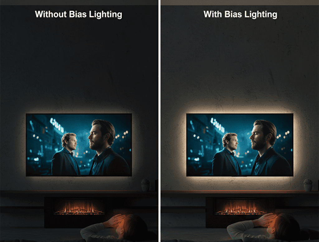 Visual comparison showing the benefit of bias lighting: The left side has high screen-to-wall contrast leading to eye strain, and the right side uses soft backlighting to reduce contrast and improve eye comfort.