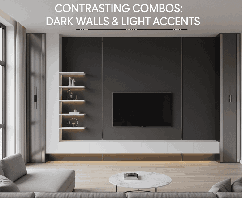 A contemporary living room featuring a "Contrasting Combo: Dark Walls & Light Accents." A large charcoal grey media wall is complemented by white open shelving on the left and white floating cabinets below the TV. Brushed metal accents and warm LED lighting create depth. The room is spacious with light wooden flooring and a large grey sectional sofa.