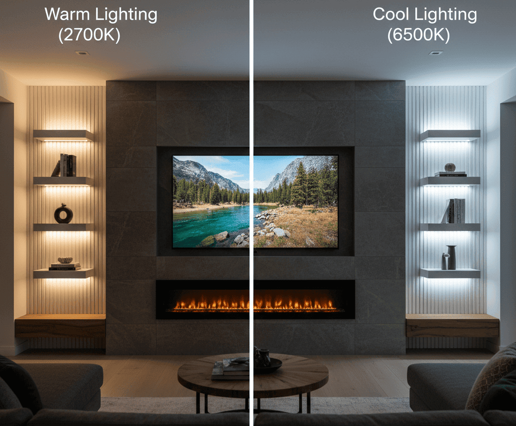 Comparison of LED colour temperatures on a media wall: Warm white (2700K) creates a cosy mood, while cool white (6500K) provides a clean, modern aesthetic.