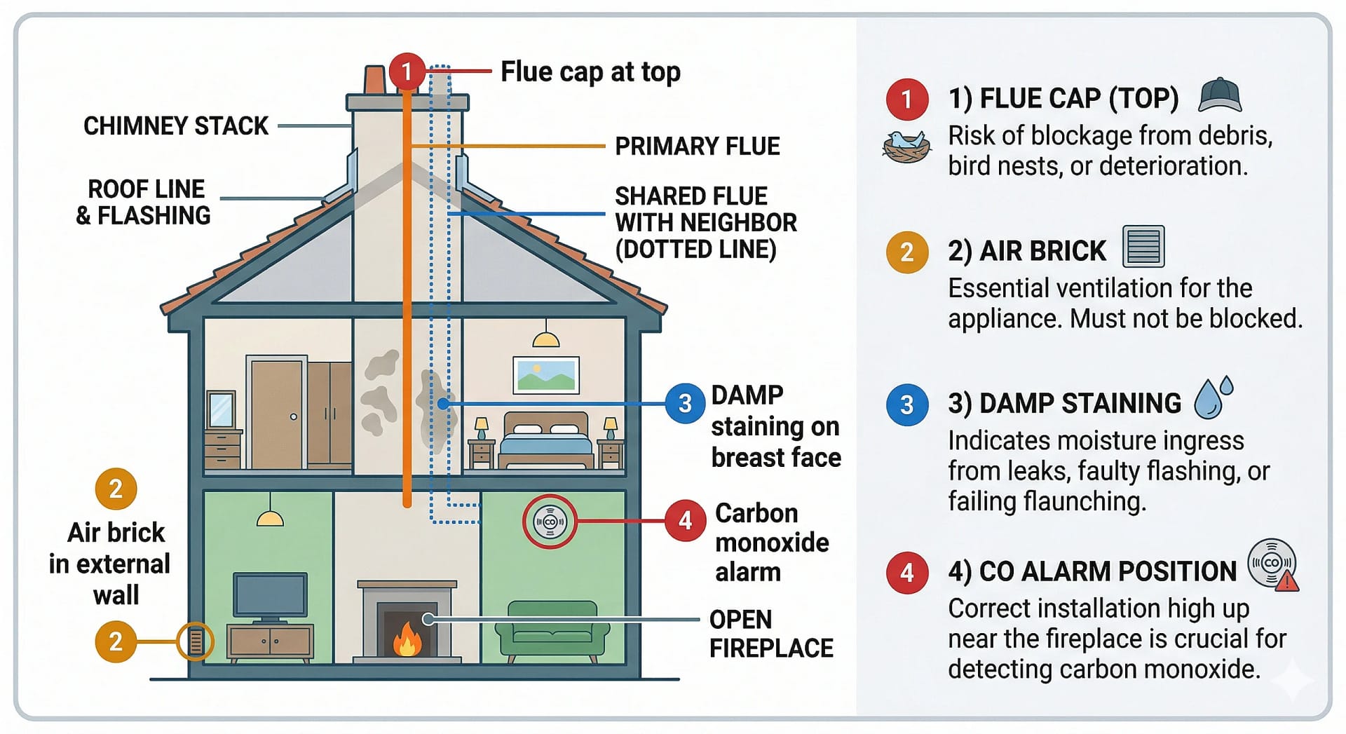 A detailed, flat-style infographic diagram of a multi-story house cross-section. It illustrates common chimney and ventilation maintenance issues, with numbered callouts identifying four key risk areas: 1) Flue cap (top), 2) Air brick, 3) Damp staining, and 4) CO alarm position. It also labels the 'Chimney Stack', 'Roof Line', 'Primary Flue', and 'Shared Flue with Neighbor'.