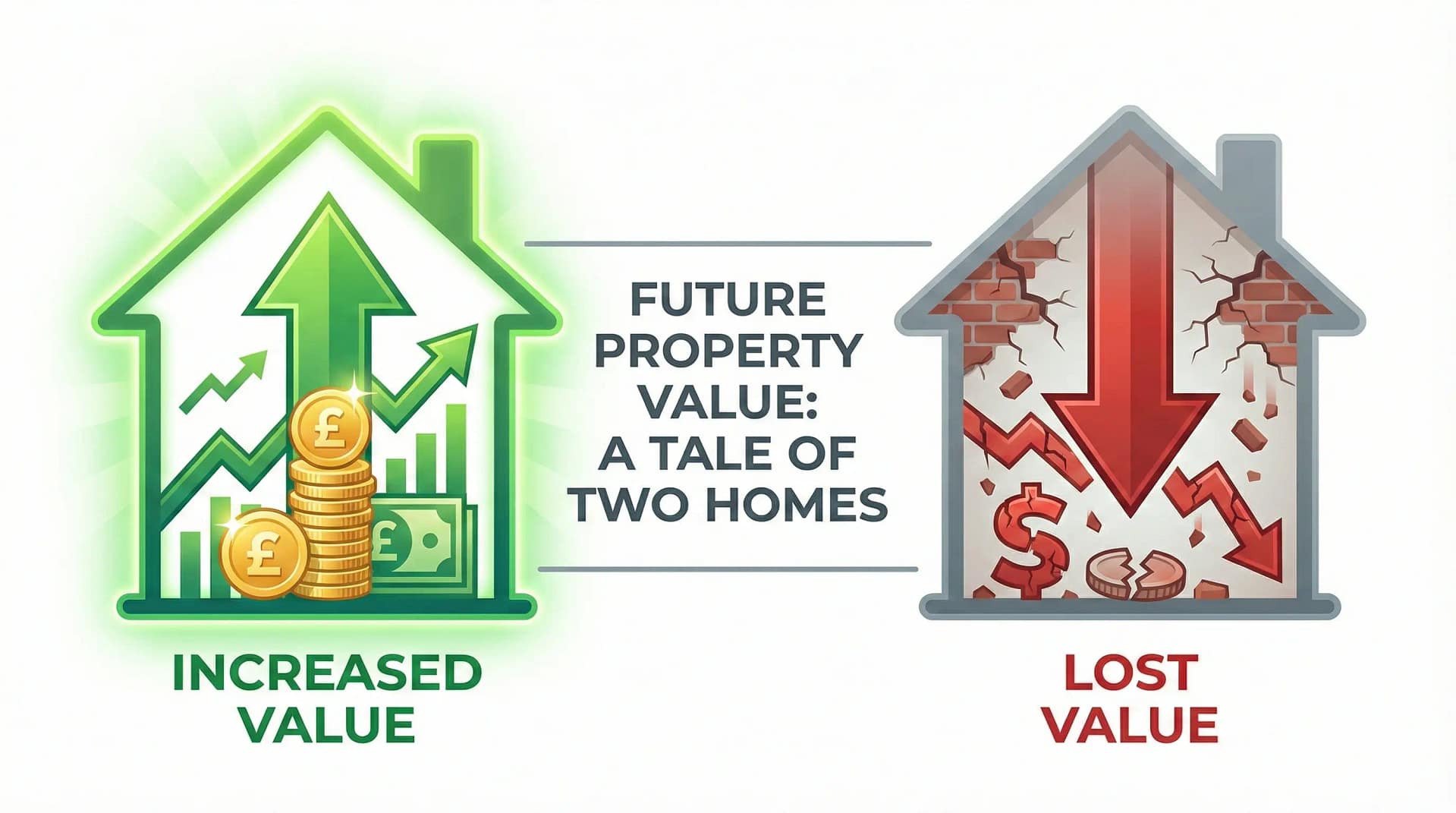 A conceptual illustration showing two house silhouettes. The left house glows green with an upward-pointing arrow and a stack of coins, symbolizing added value. The right house is grey and crumbling with a downward-pointing red arrow, symbolizing depreciation.