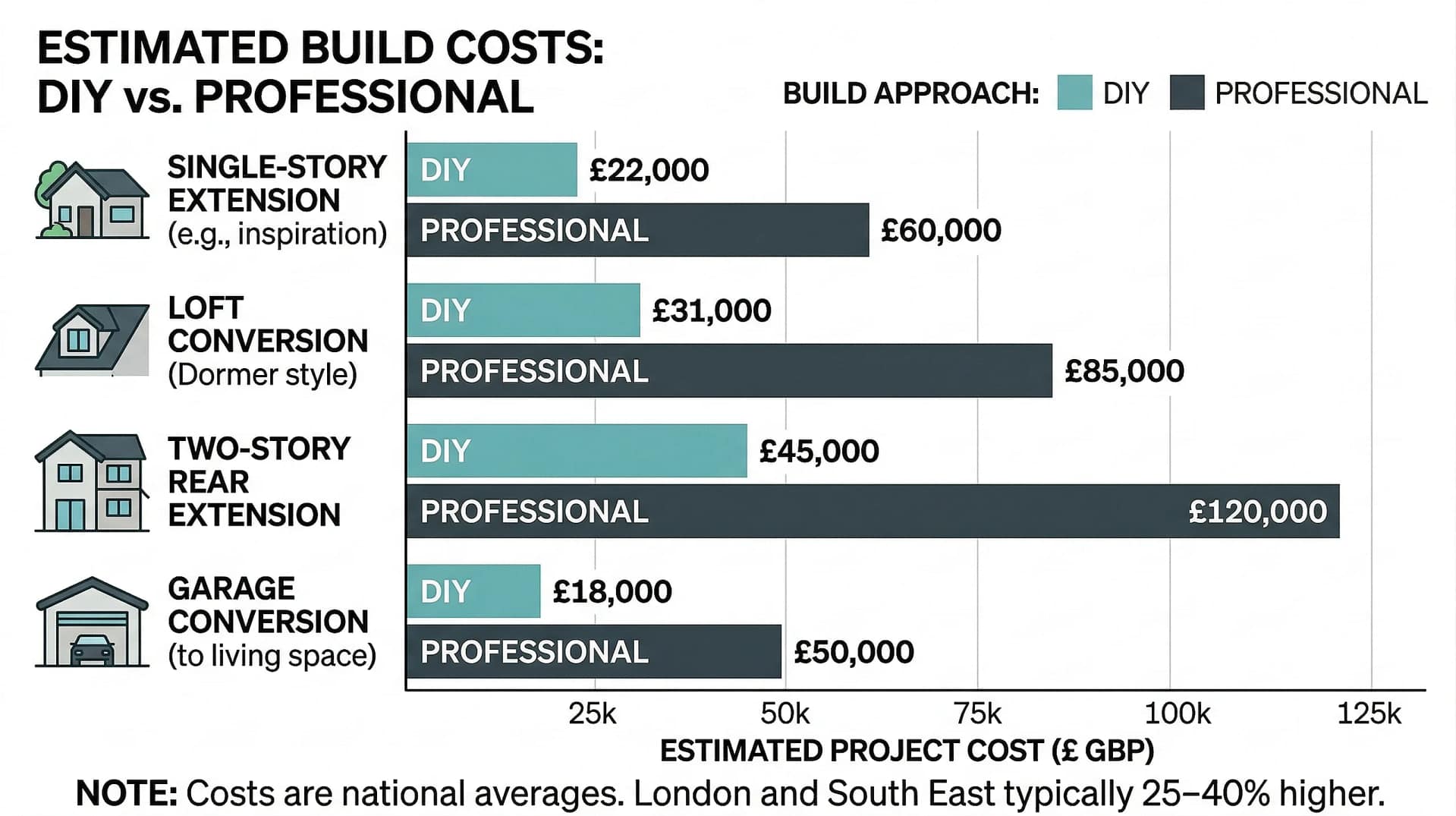 "A professional infographic horizontal bar chart comparing construction costs for four common UK home build types: New Build, Single Story Extension, Loft Conversion, and Garage Conversion. Each row displays two bars: a lighter teal 'DIY Cost' bar and a darker charcoal 'Professional Cost' bar, with specific estimated total prices labeled in £ Sterling. A key explanatory note states 'London and South East typically 25–40% higher,' making it a valuable budgeting tool for homeowners."