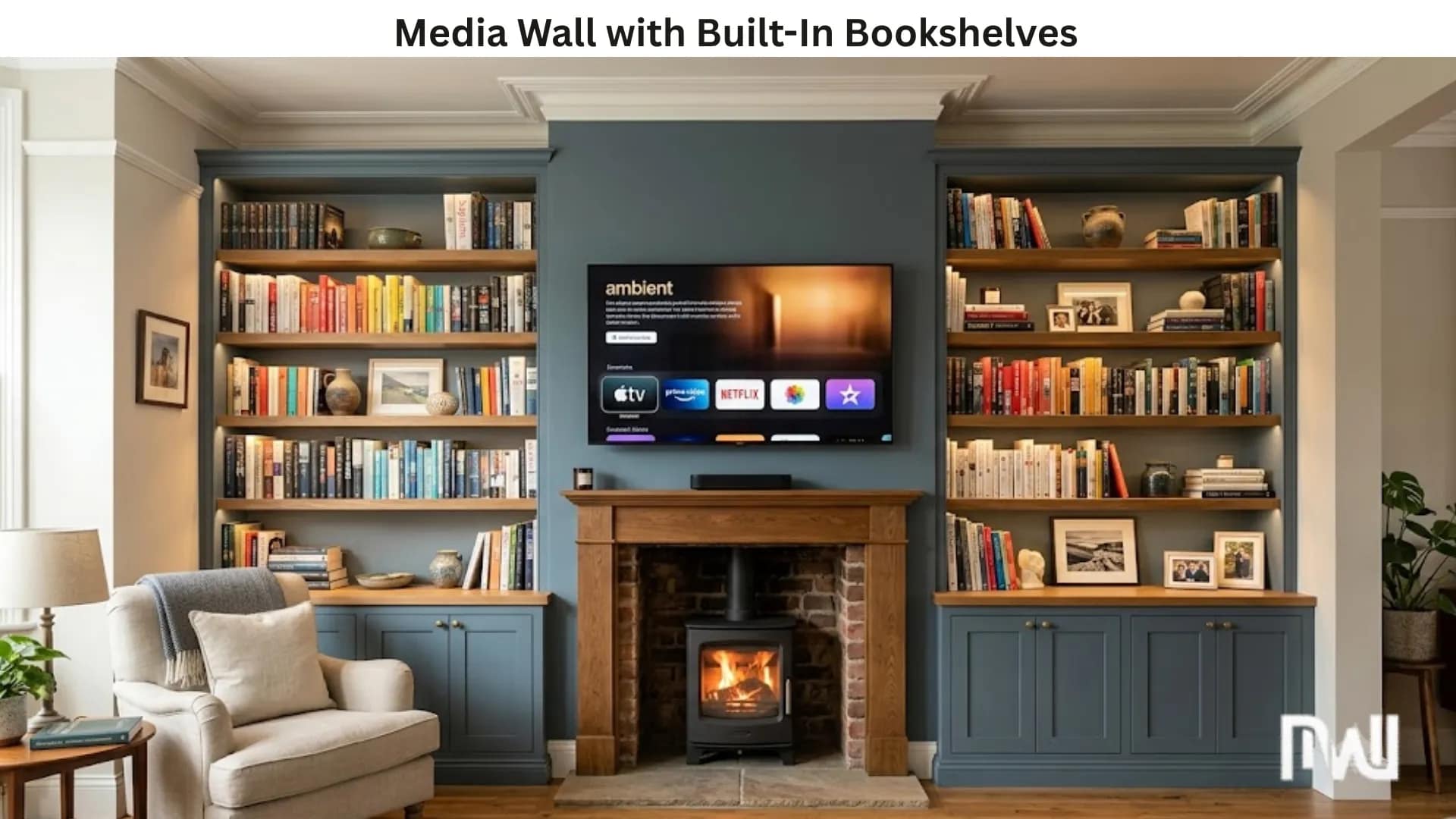 Media Wall with Built-In Bookshelves