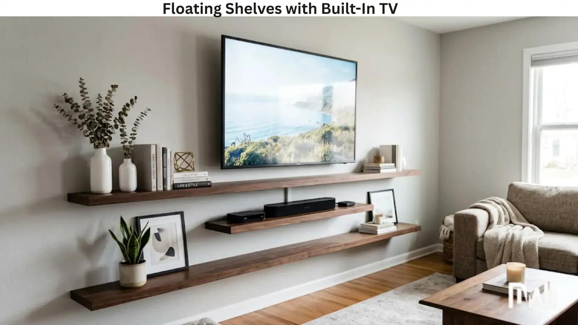 17. Floating Shelves with Built-In TV