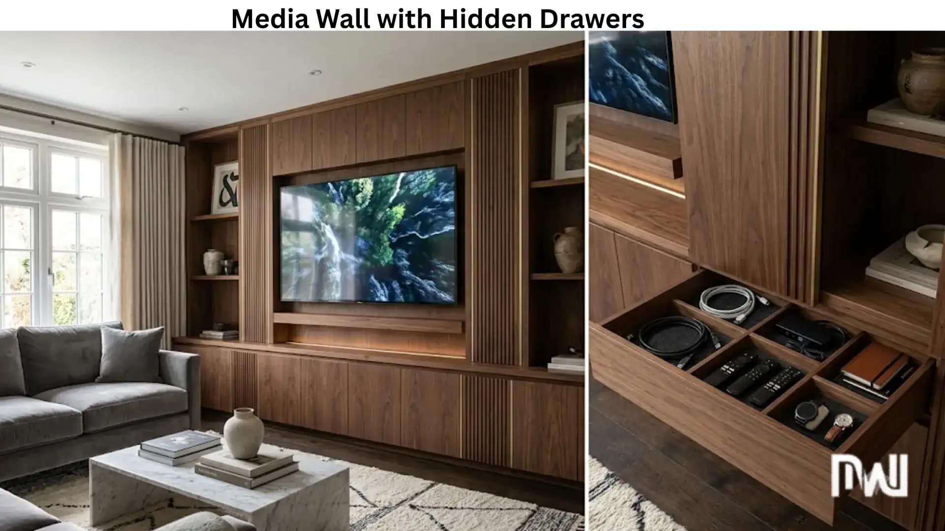 19. Media Wall with Hidden Drawers