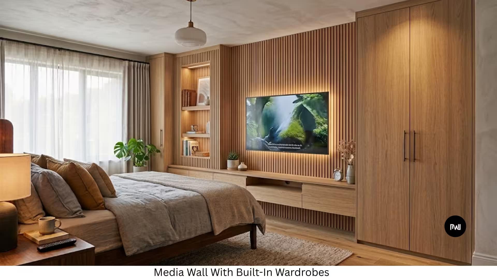 A bedroom media wall seamlessly integrated with tall, built-in wardrobes on either side of a central TV panel. The design maximizes storage while providing a dedicated space for the television, with a bed in the foreground.