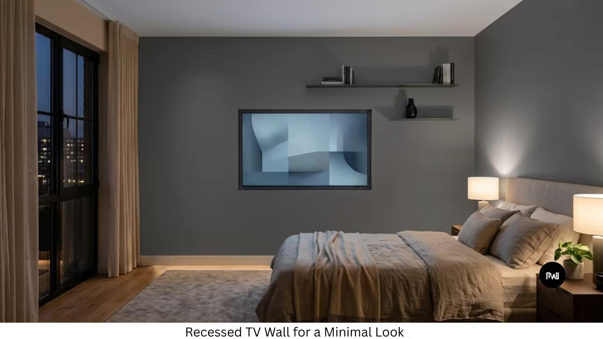 A hotel-style recessed media wall where the TV screen is perfectly flush (even) with the surrounding wall paneling. This clean, minimalist design requires built-in stud framing to hide the TV bracket and all cables entirely behind the wall.