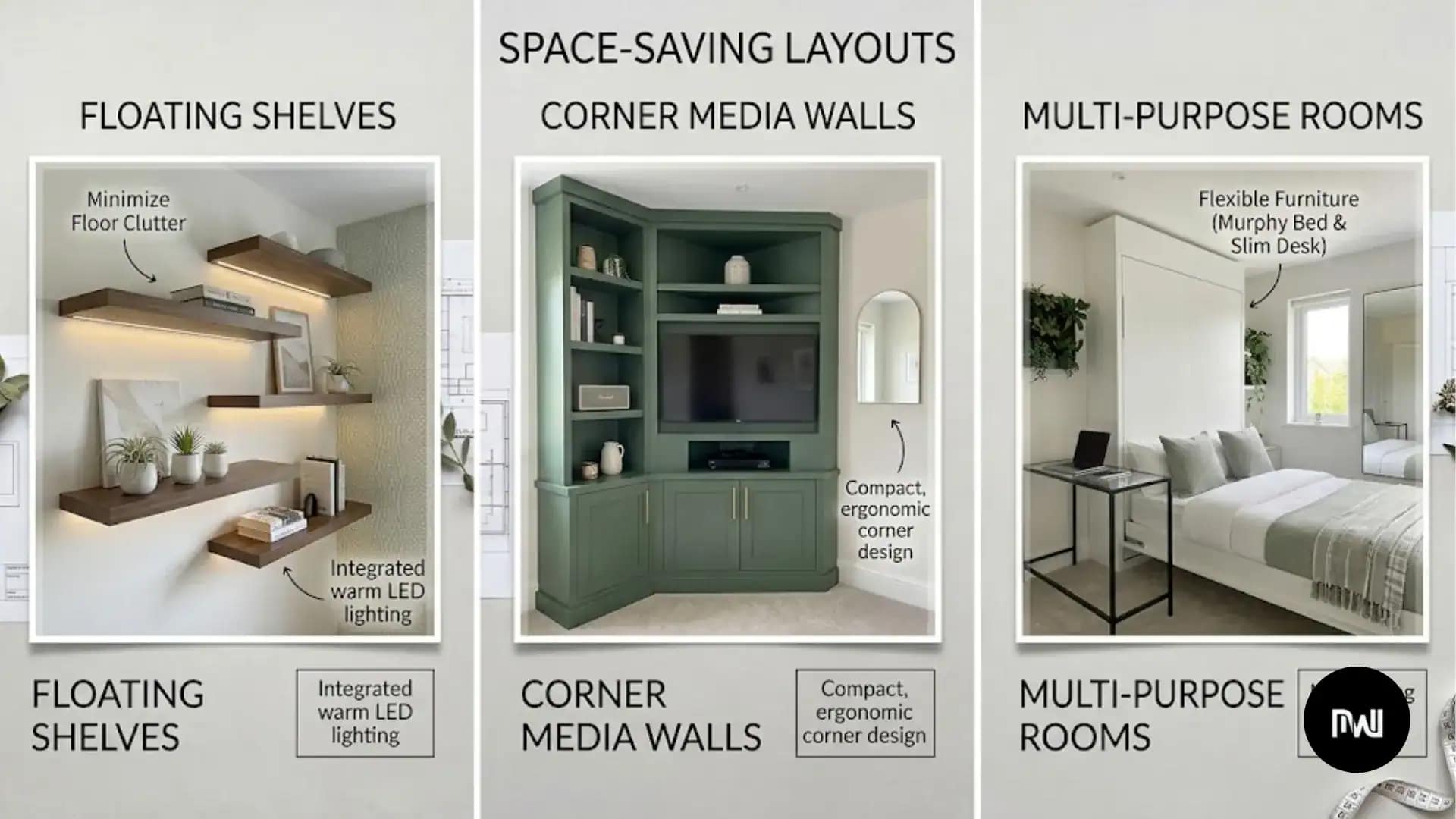 Space-Saving Layouts: Floating Shelves, Corner Media Walls & Multi-Purpose Rooms