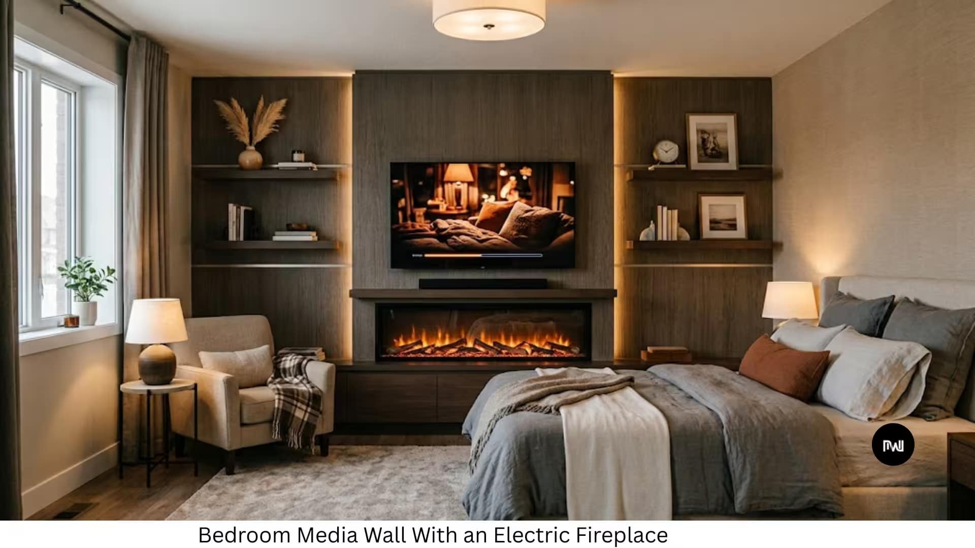 A modern bedroom media wall featuring a large, wall-mounted TV centered above a slim, rectangular electric fireplace with glowing flames. The media wall is finished in a grey stone or textured panel, accented with hidden LED strip lighting running vertically along the edges. A floating white shelf runs below the fireplace.