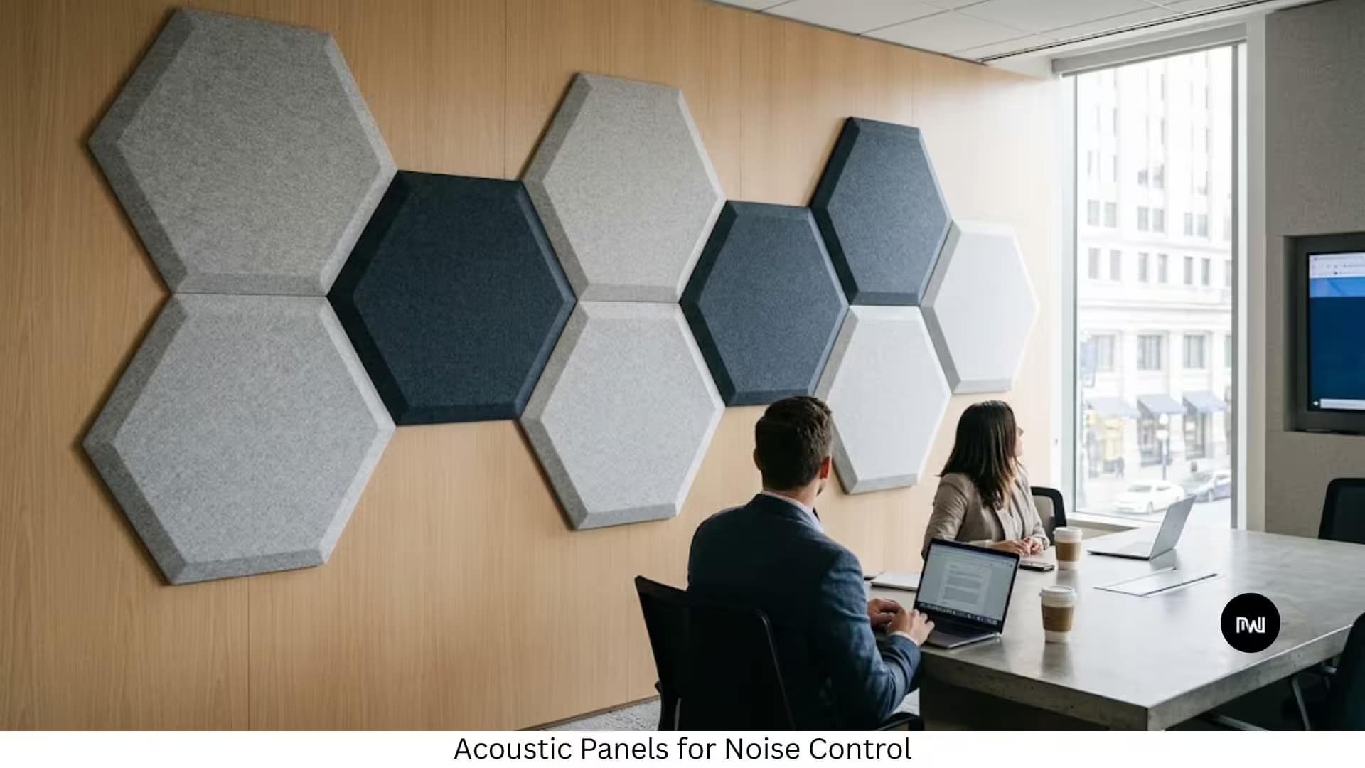 A modern bedroom featuring a stylish media wall with a grid pattern of acoustic panels in varying shades of grey and beige, some with subtle backlighting. A wall-mounted TV is centered, and above it, more square acoustic panels are arranged artistically on the ceiling.