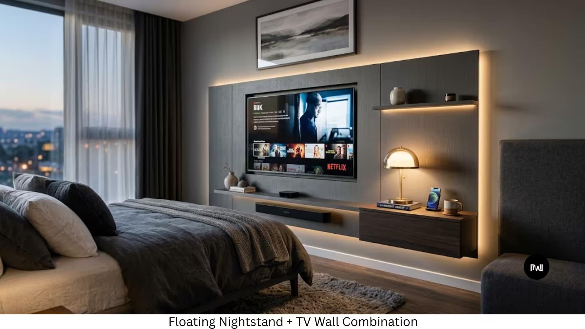 A unified media wall design in a narrow bedroom. The TV is mounted on a sleek wall panel, and a matching, cantilevered floating nightstand extends horizontally from the media wall structure towards the bed, creating a seamless, space-saving look.