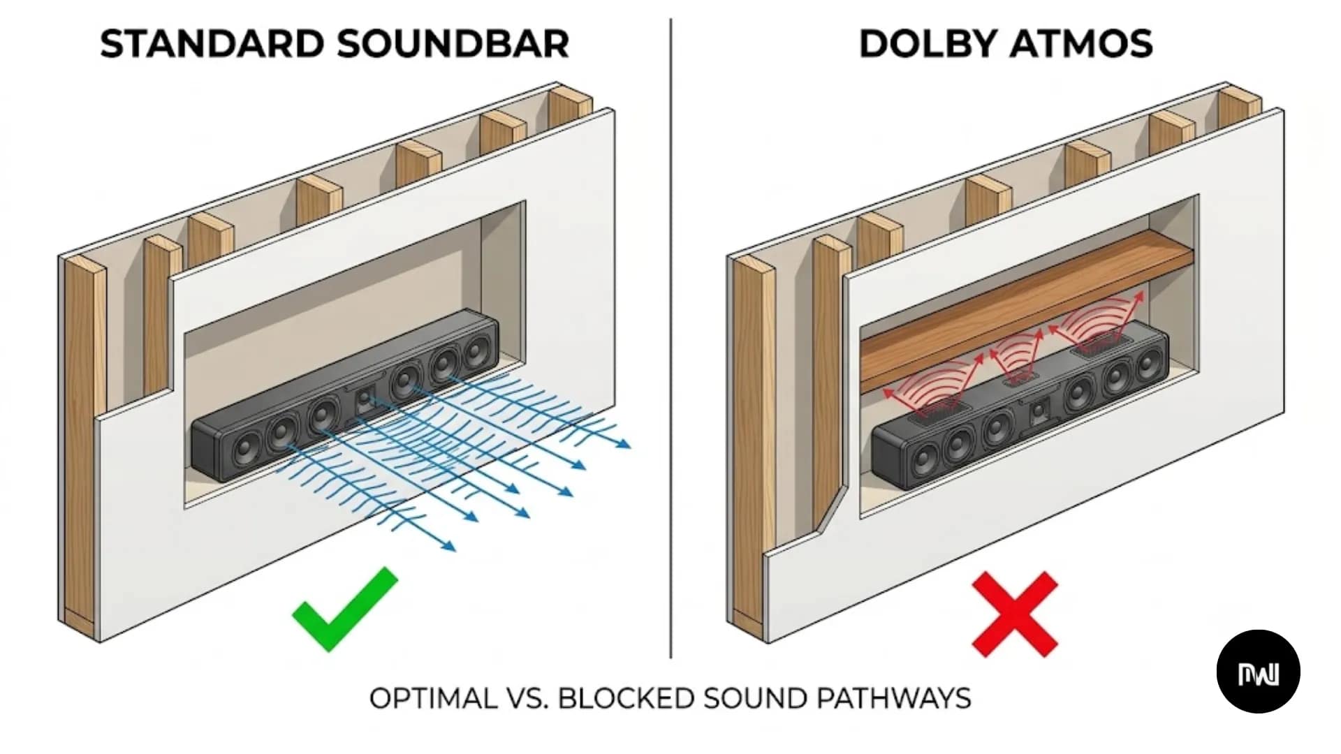 1- Standard vs. Dolby Atmos Soundbar Sound Path Diagram Alt Text Ek technical cross-section diagram jo standard soundbar aur Dolby Atmos soundbar ke b