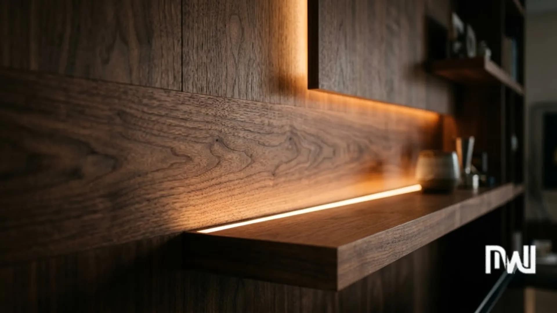 2-Close-up view of premium walnut wood veneer texture on a media wall with soft 2700K LED accent lighting.