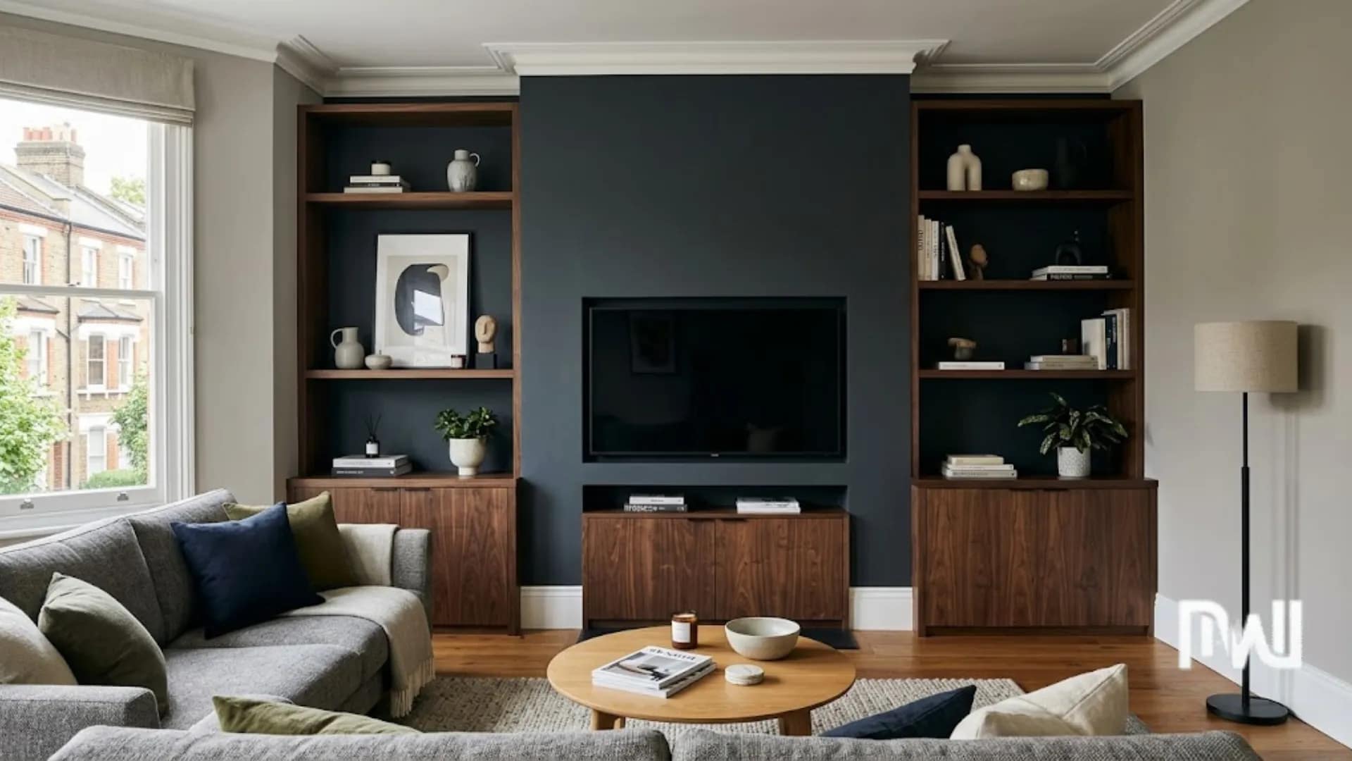 Custom dark wood alcove media wall with hidden storage cabinets and open shelving beside a chimney breast.