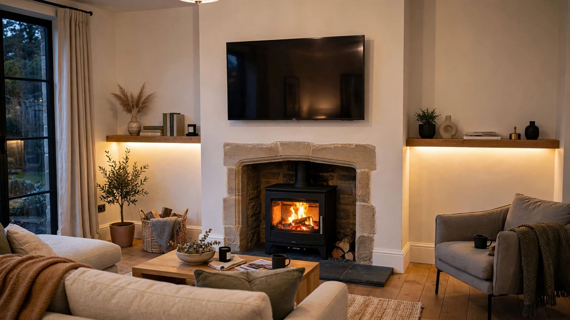 Modern Log Burner Media Wall with TV Above