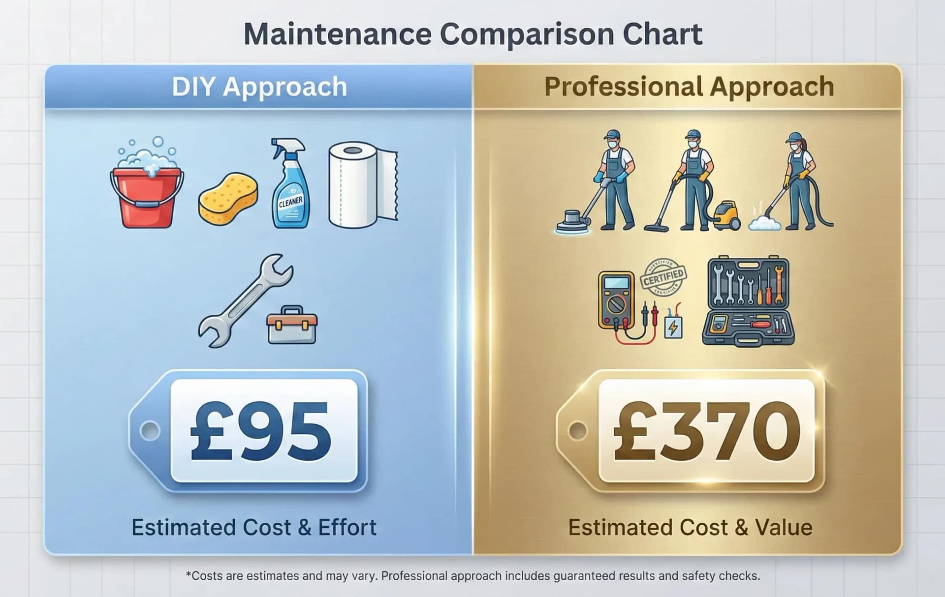 A two-column comparison chart. The left column, 'DIY Approach', shows cleaning supplies and a £95 price tag. The right column, 'Professional Approach', features icons of a service crew and electrical checks with a £370 price tag.