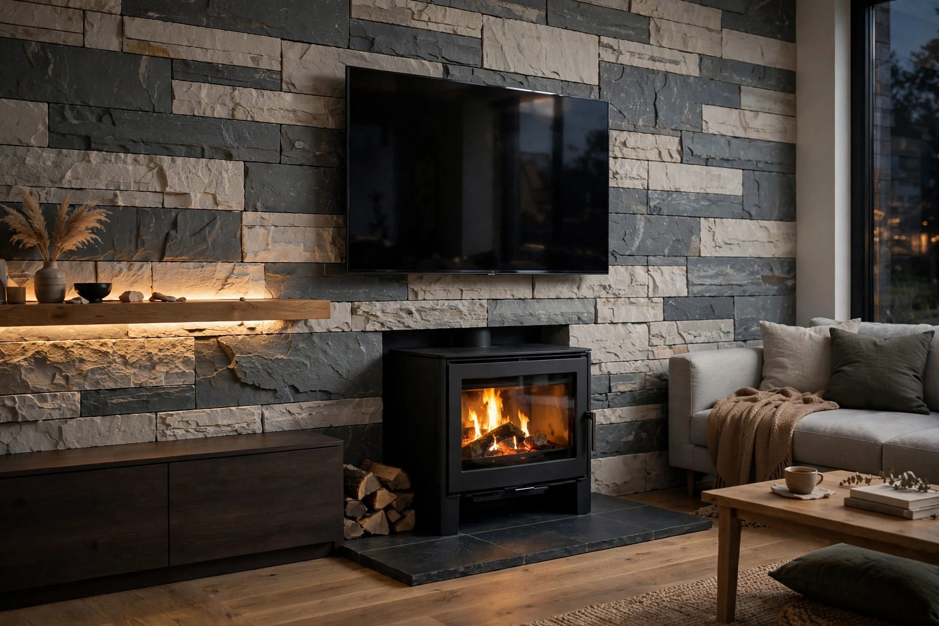 Contemporary Log Burner Media Wall