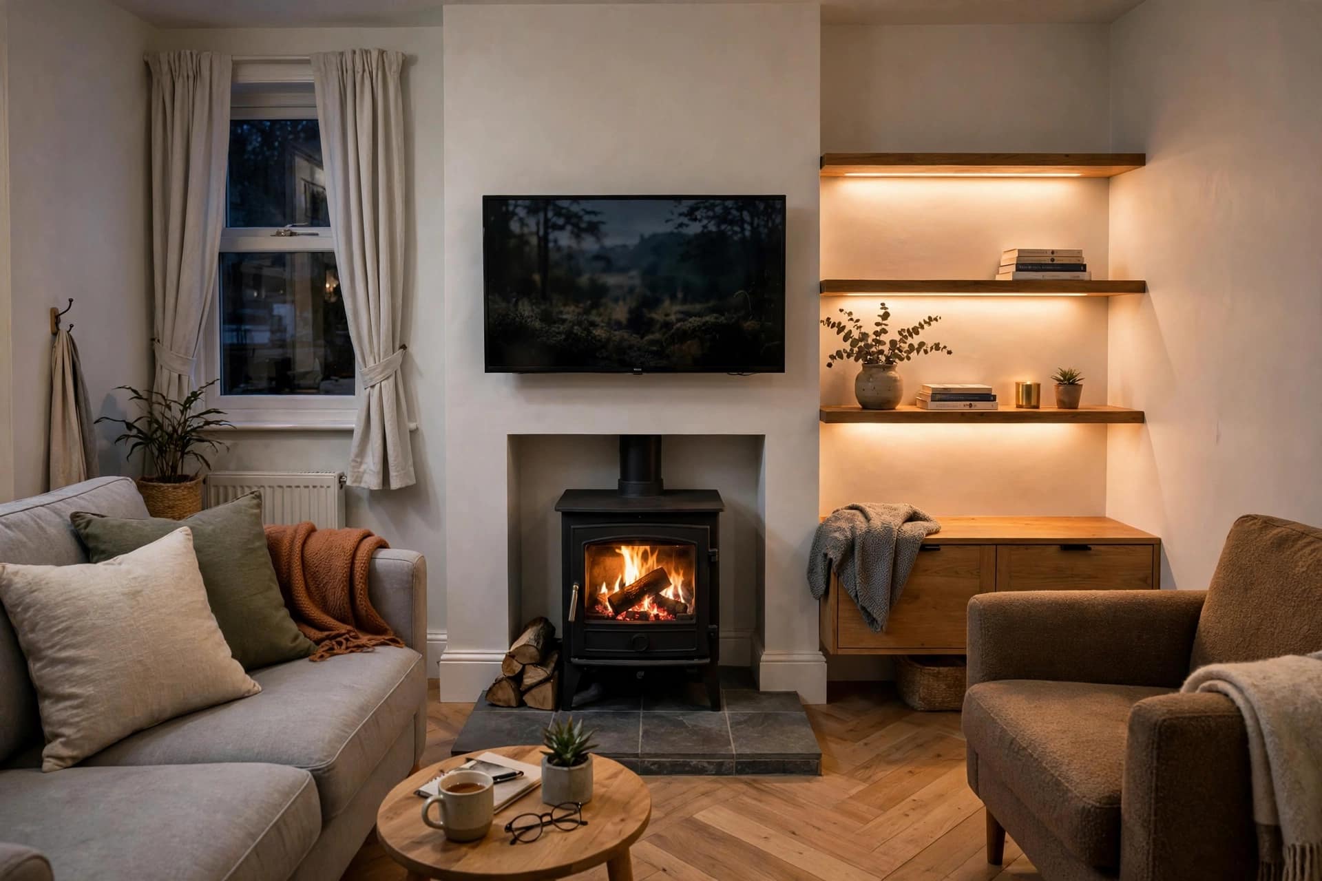 Log Burner Media Wall in a Small Living Room
