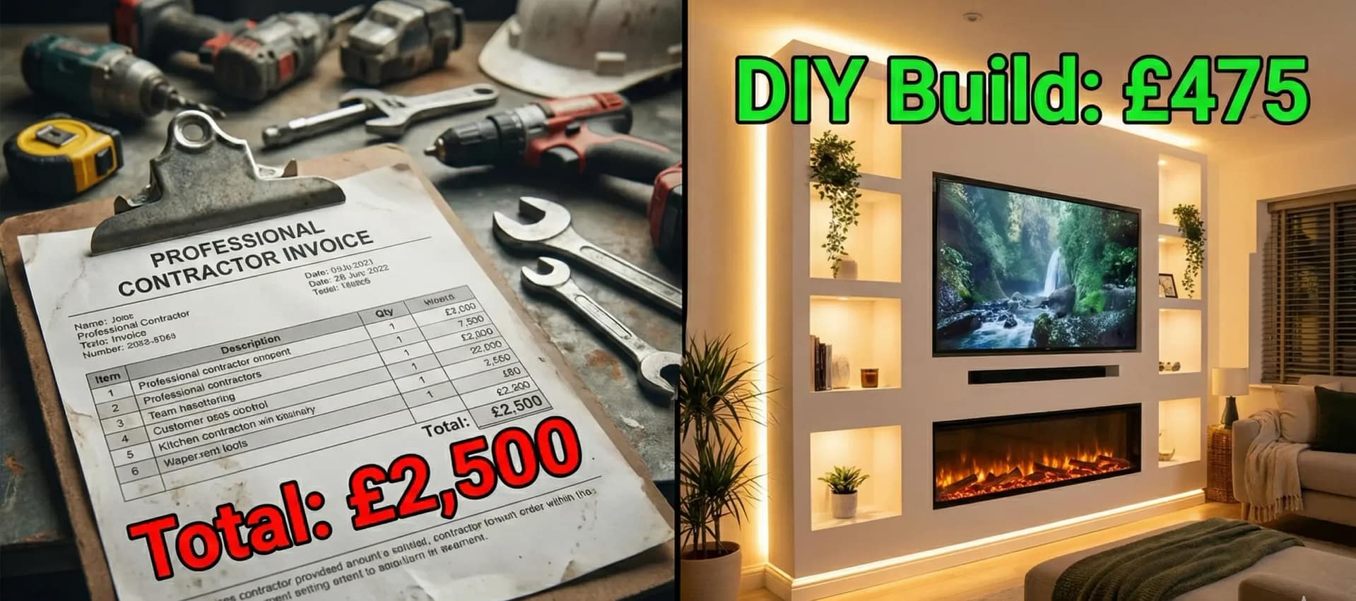 A split-screen comparison image. The left side shows a close-up of a clipboard with a professional contractor invoice highlighting a total of "£2,500" in red. The right side shows a sleek, finished DIY media wall with a TV and electric fireplace, overlaid with green text reading "DIY Build: £475," illustrating a significant cost saving.