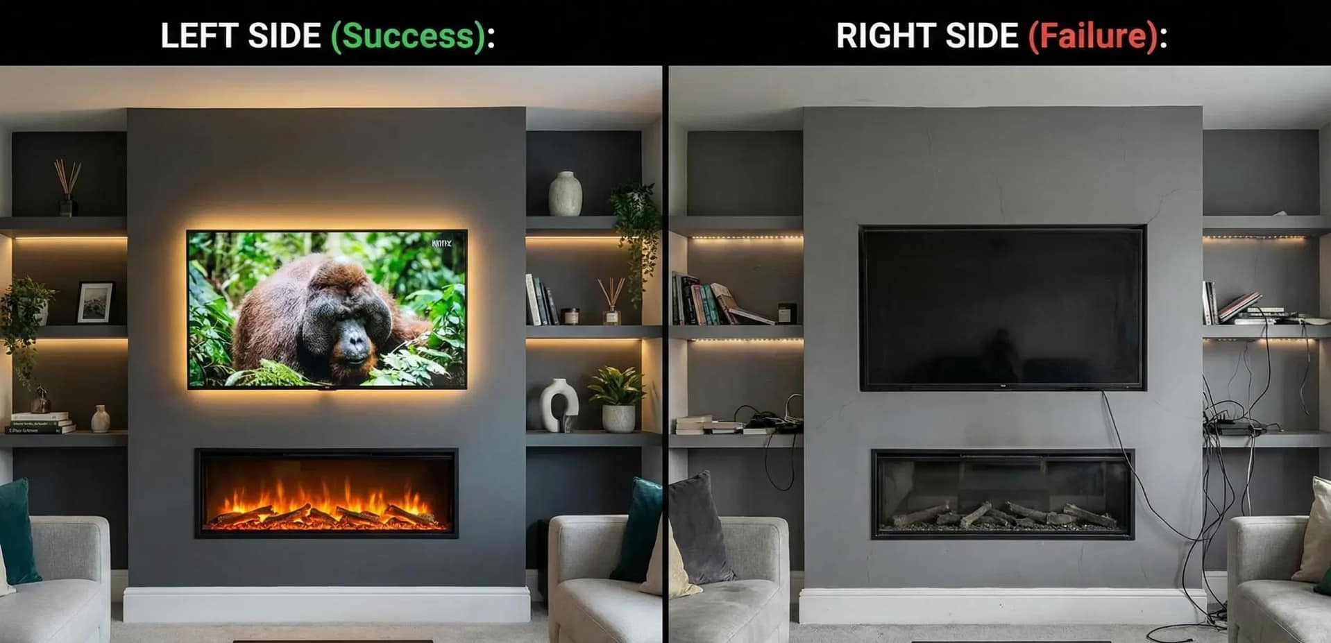 A split-screen comparison of a living room media wall. The left side, labeled 'Success', features a pristine, dark grey wall with a glowing TV, warm LED lighting, and a vibrant electric fireplace. The right side, labeled 'Failure', shows the same wall in a neglected state with cracked plaster, tangled hanging cables, a dusty screen, and a broken fireplace.