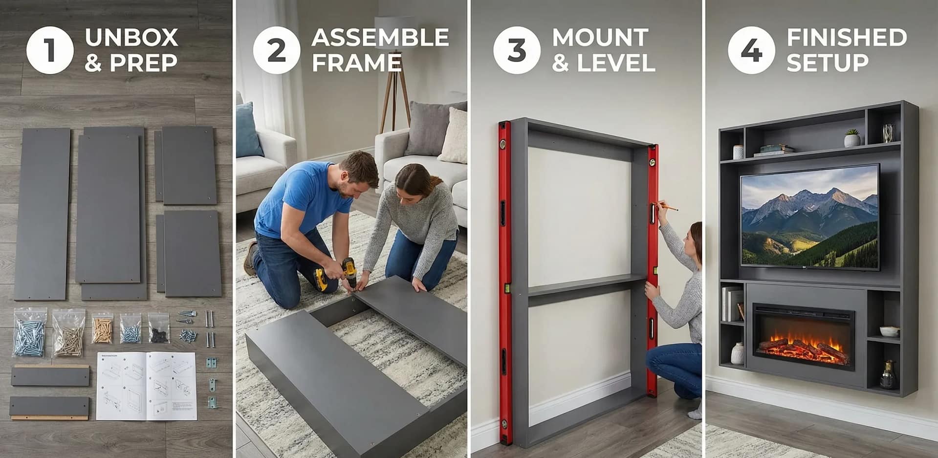 Four-panel photographic guide showing the steps to build a pre-made media wall: 1. Unboxing parts, 2. Assembling the frame, 3. Mounting and leveling on the wall, and 4. The finished setup.