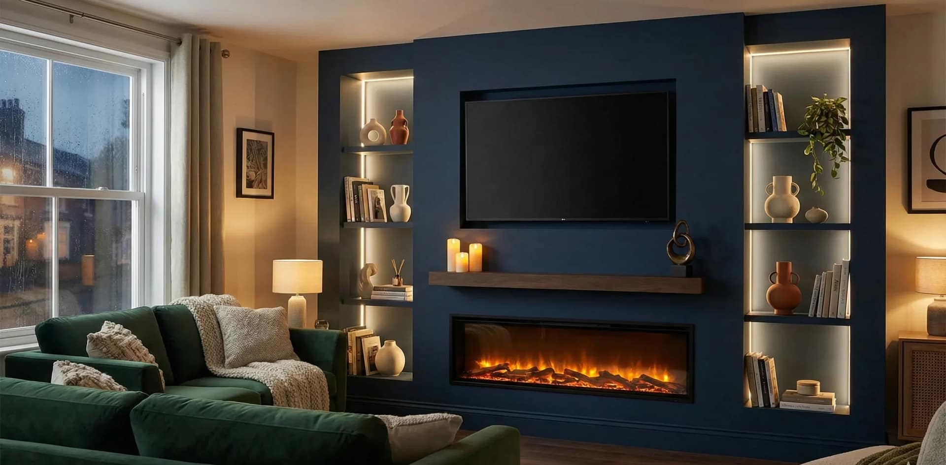 Warm, cozy living room in the evening featuring a large navy blue media wall with integrated LED-lit shelving niches, a floating wood mantel, and a glowing electric fireplace.