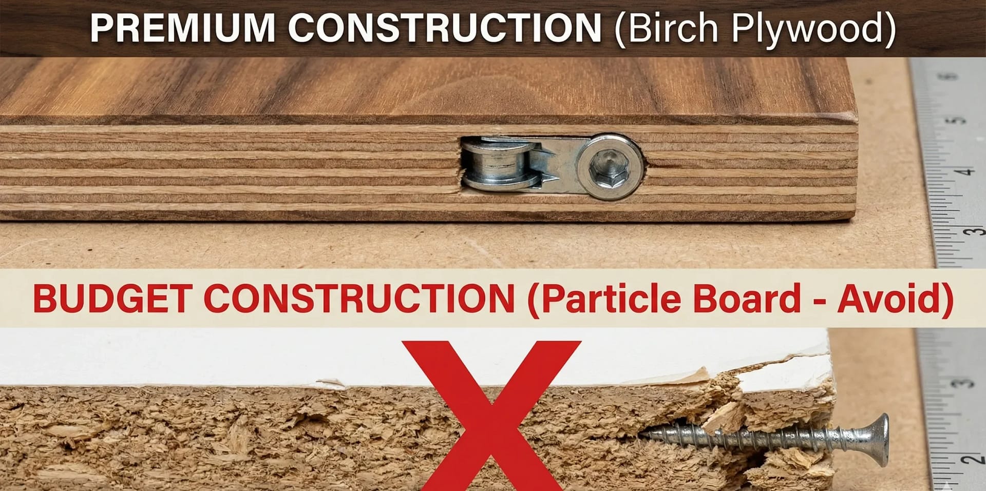 Macro photographic comparison of materials. The top shows premium layered birch plywood with a strong metal connector. The bottom shows budget crumbly particle board splitting from a screw, marked with a red 'X'.