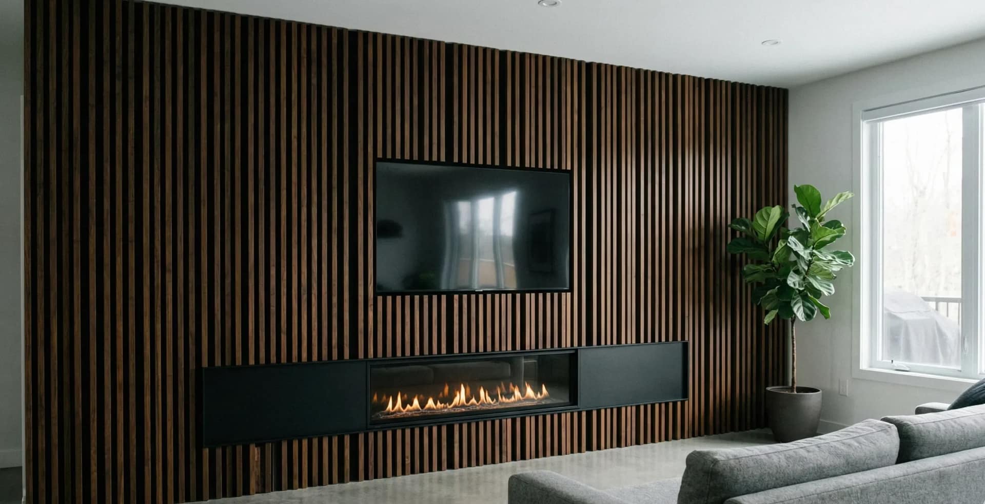 Modern living room featuring a large accent wall lined with dark vertical wood slats on a black background. A television and a long linear electric fireplace are integrated flush into the slat wall.