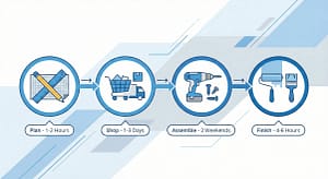 A horizontal timeline infographic showing four distinct project stages connected by arrows. Stage 1: Plan (pencil and ruler icon, 1-2 Hours); Stage 2: Shop (shopping cart and truck icon, 1-3 Days); Stage 3: Assemble (drill and screws icon, 2 Weekends); Stage 4: Finish (paint roller icon, 4-6 Hours).