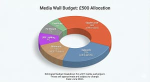 A 3D pie chart infographic titled "Media Wall Budget: £500 Allocation". The chart displays a breakdown of expenses: Electric Fire 40% (£180-£220), Cabinets 25% (IKEA BESTÅ), Materials 15% (MDF/Timber), LED Lighting 8%, TV Mount 7%, and Finishing 5%.