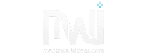 White MWI (Media Walls Ideas) initials creatively intertwined on a black background, with the full domain 'mediawallsideas.com' in white text below. The 'i' in MWI features a small blue pixelated square.