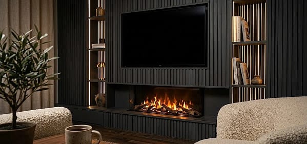 A cozy living room with a dark slatted feature wall, an electric fireplace, a large TV, and lit bookshelves.