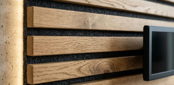 Close-up photo showing the detailed texture of felt-backed oak wood acoustic slat panels for a sound-absorbing media wall.