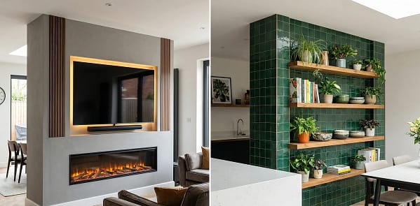 Split-view photo of a double-sided media wall divider in a contemporary UK home: living room face with TV and fireplace; kitchen face with green tiles and shelves.