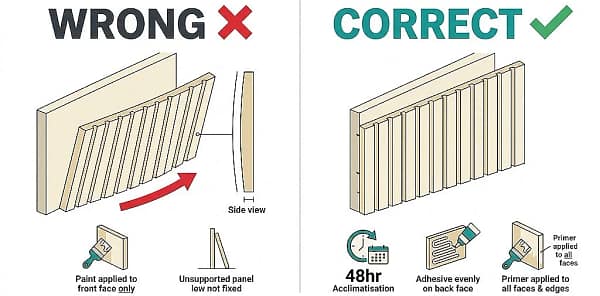 An infographic contrasting 'Wrong' and 'Correct' slatted panel installation. The 'Wrong' side shows a bent panel from partial priming and no support. The 'Correct' side shows a straight panel, recommending acclimatization, even adhesive, and full priming.