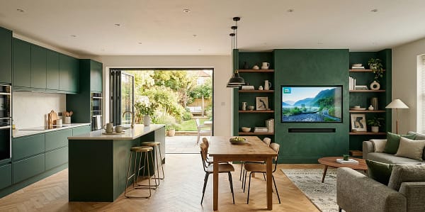 Wide-angle photo of a cohesive UK open-plan space with matching deep forest green kitchen cabinets and media wall, and oak herringbone flooring.