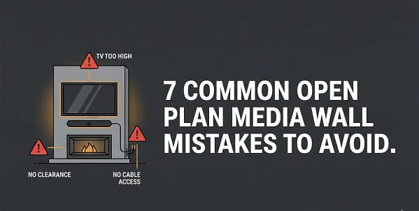 Infographic banner header illustrating 7 common open plan media wall mistakes to avoid, with TV too high, no clearance, and no cable access highlighted.