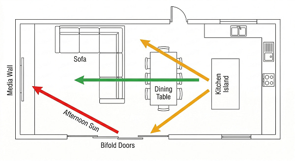 Top-down diagram of a UK open plan room extension illustrating TV placement from sofa, kitchen, and dining areas with bifold door glare conflict.