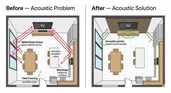 Top-down diagram comparing an open plan room's acoustic problem (sound echoing off glass and tile) with the solution (acoustic slat panels on the media wall).
