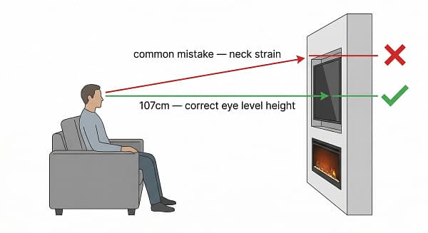 Infographic diagram comparing correct TV height (107cm to center from eye level) against an incorrect high position, highlighting potential neck strain.