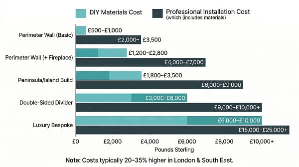Horizontal bar chart comparing DIY and professional costs in Pounds Sterling for five types of open plan media walls in the UK in 2026.