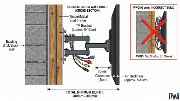 Detailed cross-section diagram demonstrating correct media wall depth construction (200mm-300mm total minimum) with necessary 5cm cable clearance, contrasted with an incorrect, too-shallow build (<150mm) that causes cable issues.