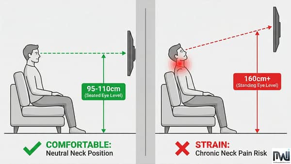 Ergonomic illustration comparing correct seated eye-level TV mounting (95-110cm from floor) for comfortable viewing against incorrect standing eye-level mounting (160cm+) which risks chronic neck pain.