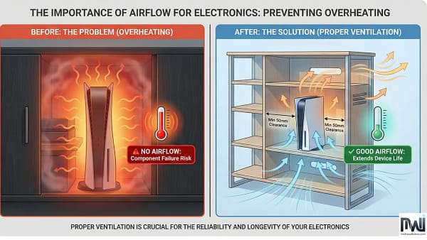 Before-and-after visualization demonstrating the importance of airflow for electronics in media walls. Shows overheating risk in closed cabinets versus proper ventilation slots and minimum 50mm clearance extending gaming console life.