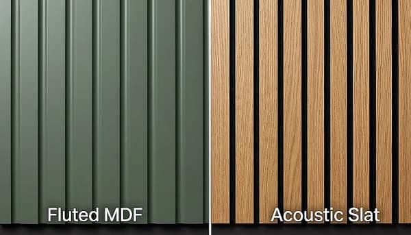 A side-by-side product comparison of two different types of decorative wall panels. The left panel is a deep green fluted (grooved) MDF panel, labeled 'Fluted MDF' at the bottom. The right panel is an acoustic slat panel, featuring individual light oak colored wood slats on a visible black felt background, labeled 'Acoustic Slat' at the bottom.