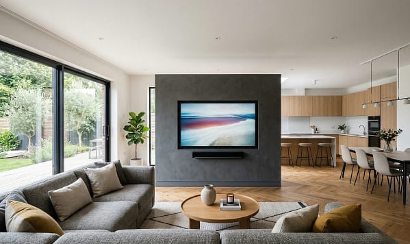 Sleek charcoal grey freestanding partial wall media wall with TV and soundbar, serving as a zone divider in a contemporary UK home with oak floors.